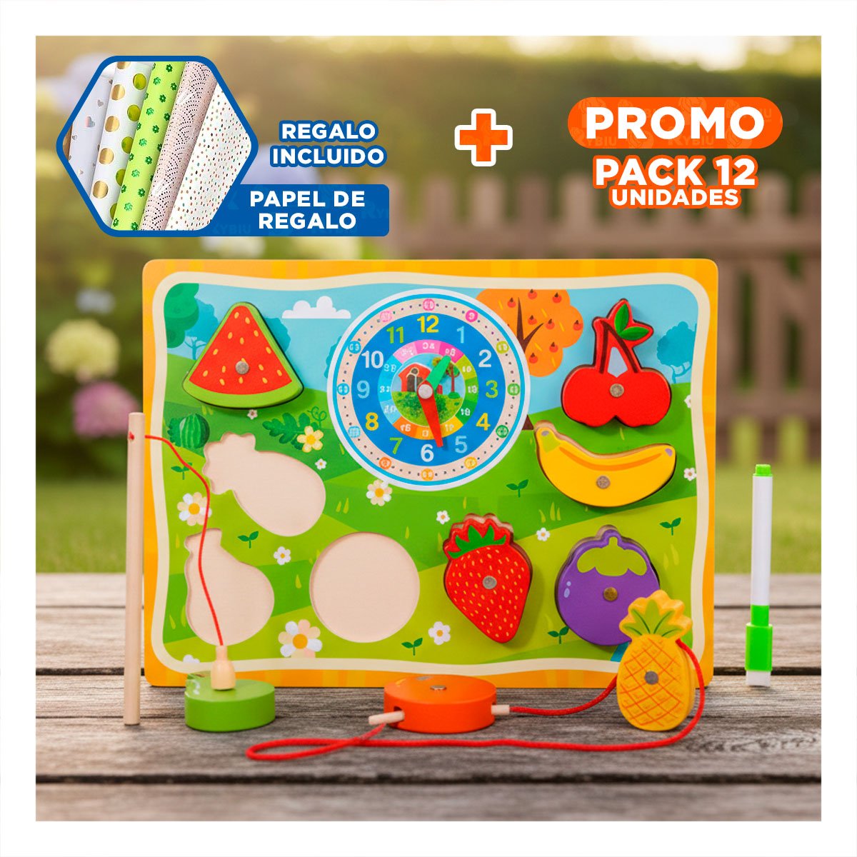 PACK12 JUEGO MULTICOLOR DIDACTICO 4 EN 1 DE FRUTAS CON PESCA RELOJ Y DIBUJO YPAPEL REGALO - 1