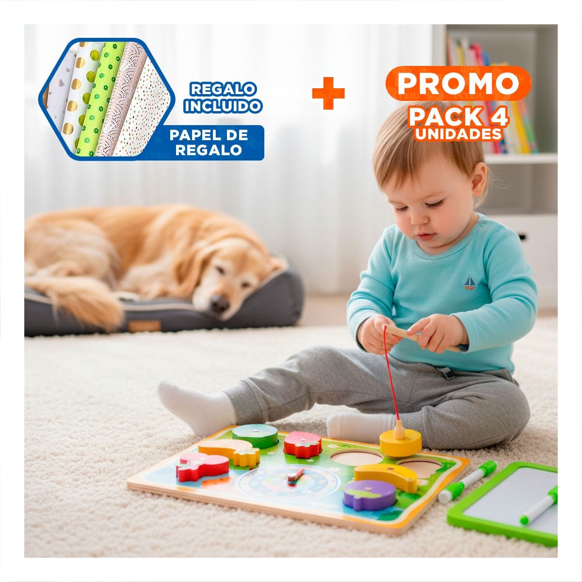 PACK4 TABLERO DE PESCA RELOJ ROMPECABEZA Y DIBUJO 4 EN 1 DIDACTICO MULTICOLOR YPAPEL REGALO - 1