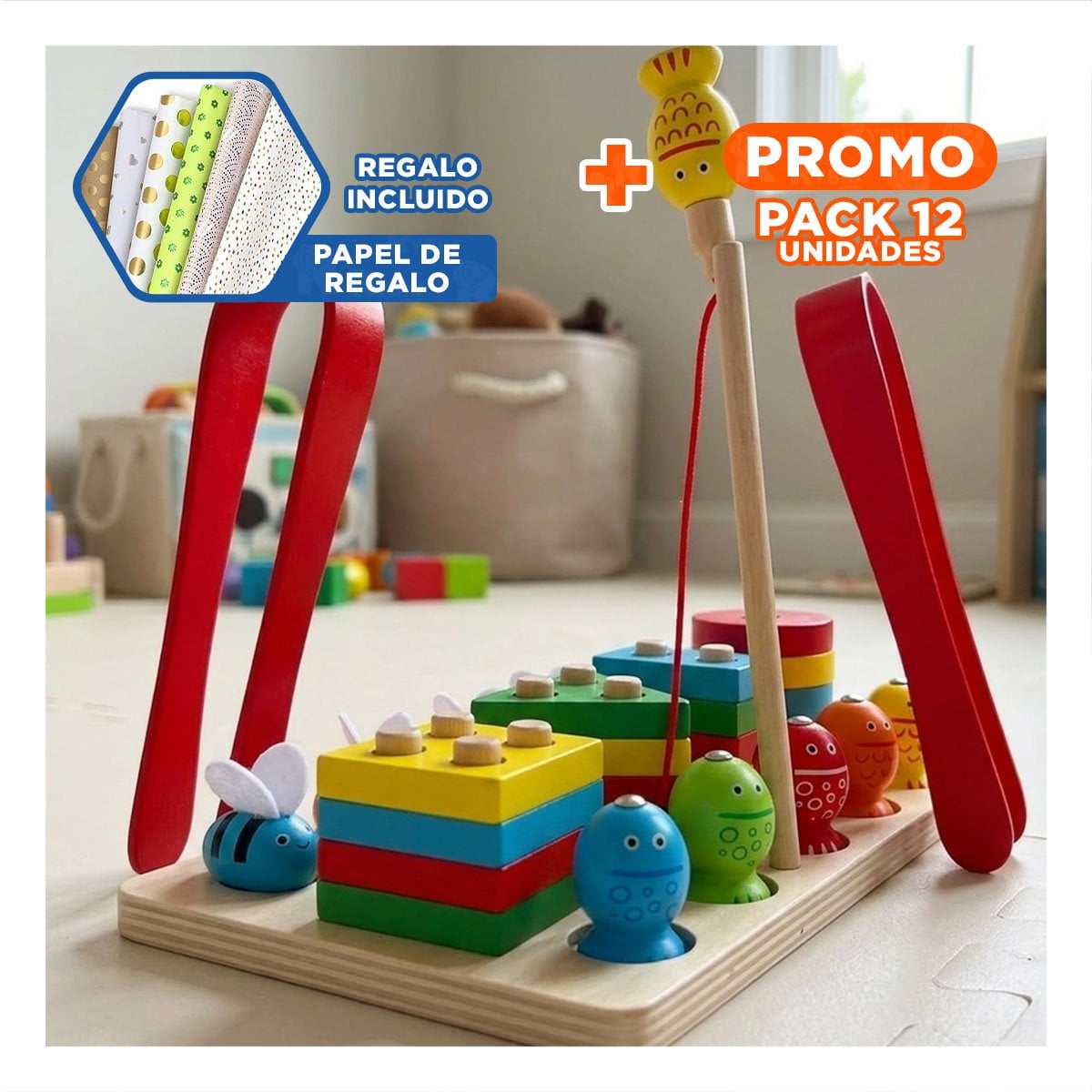 PACK12 JUEGO CON 5 ABEJAS PINZA 4 FIGURAS Y 5 PECES IMANTADOS COLOR MULTICOLOR YPAPEL REGALO - 1
