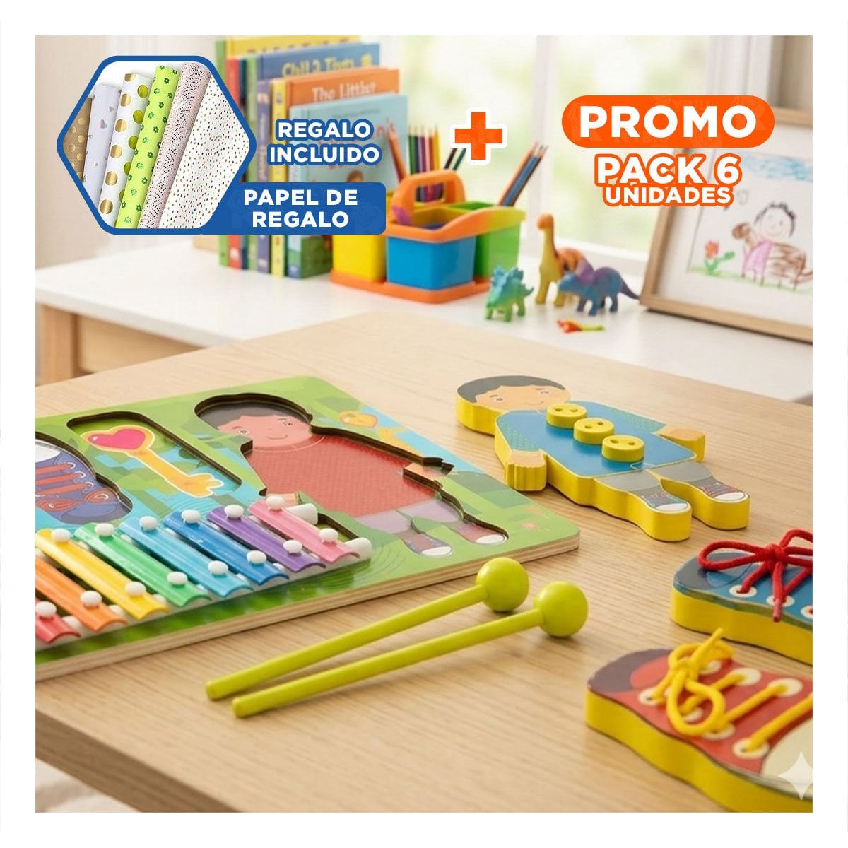 PACK6 BASE DIDACTICA CON PASADORES Y XILOFONO COLOR MULTICOLOR INFANTIL YPAPEL REGALO - 1
