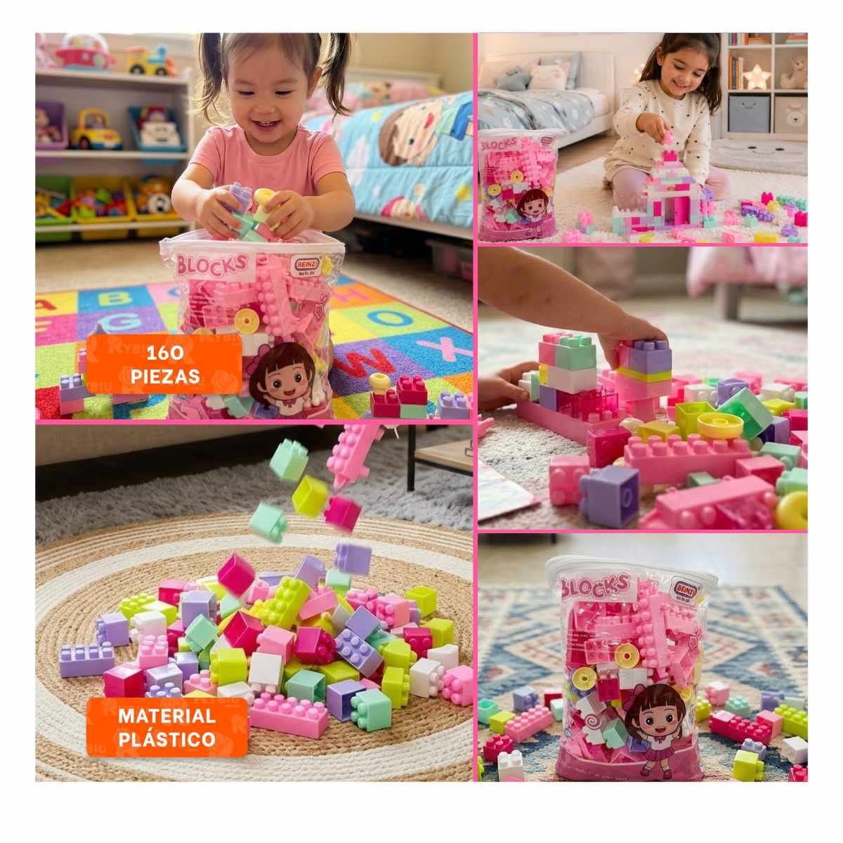 BLOQUES DE CONSTRUCCION INFANTIL 160 PIEZAS CON BOLSA MULTICOLOR ROSADO RECREATIVOS Y STICKY - 1