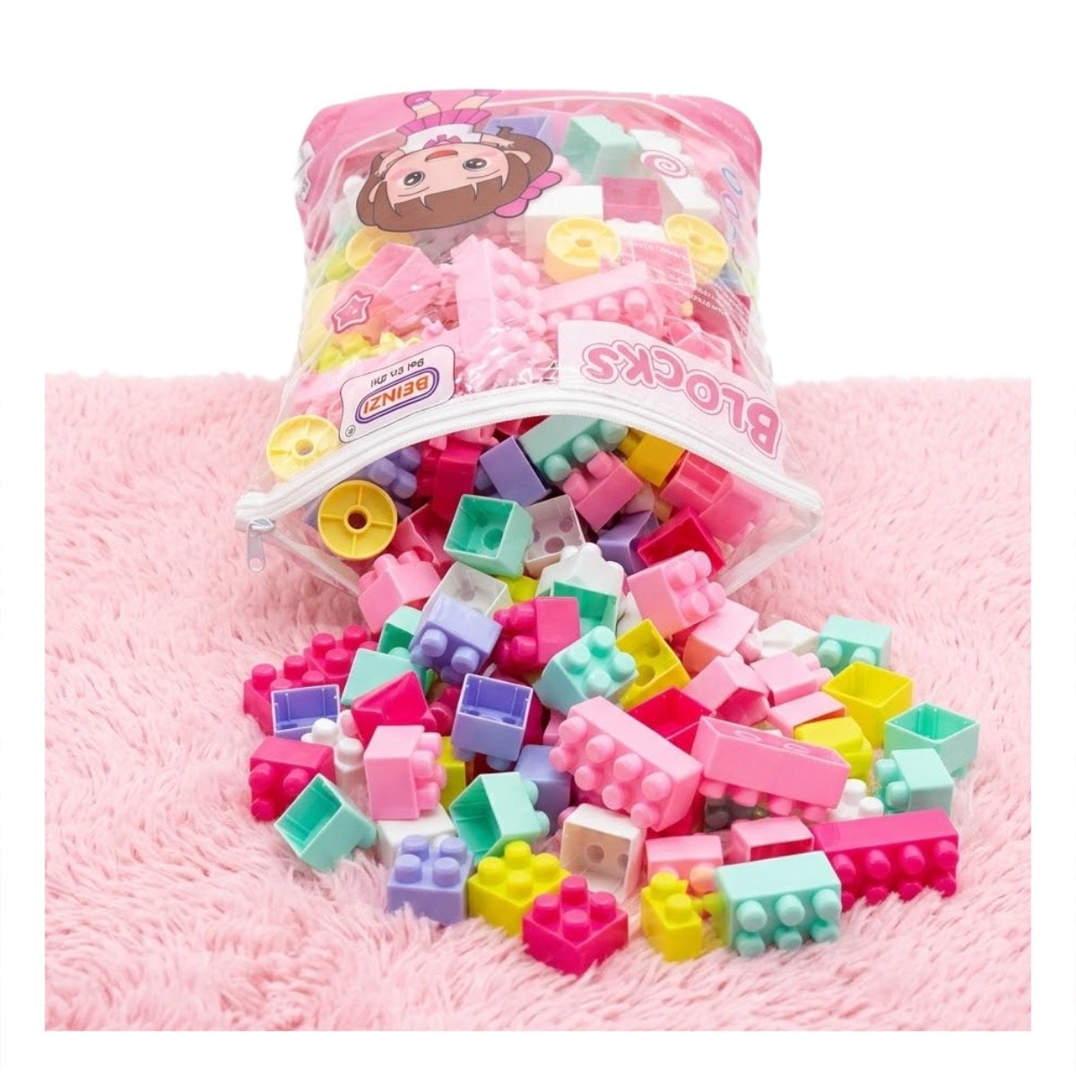 BLOQUES DE CONSTRUCCION INFANTIL 160 PIEZAS CON BOLSA MULTICOLOR ROSADO RECREATIVOS Y STICKY - 3