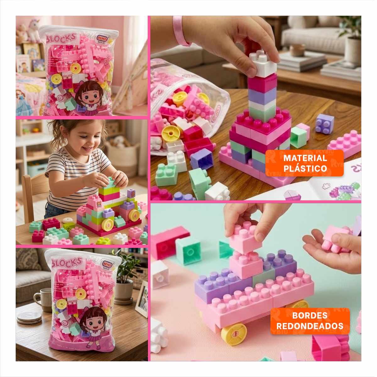 BLOQUES DE CONSTRUCCION INFANTIL 160 PIEZAS CON BOLSA MULTICOLOR ROSADO RECREATIVOS Y STICKY - 5