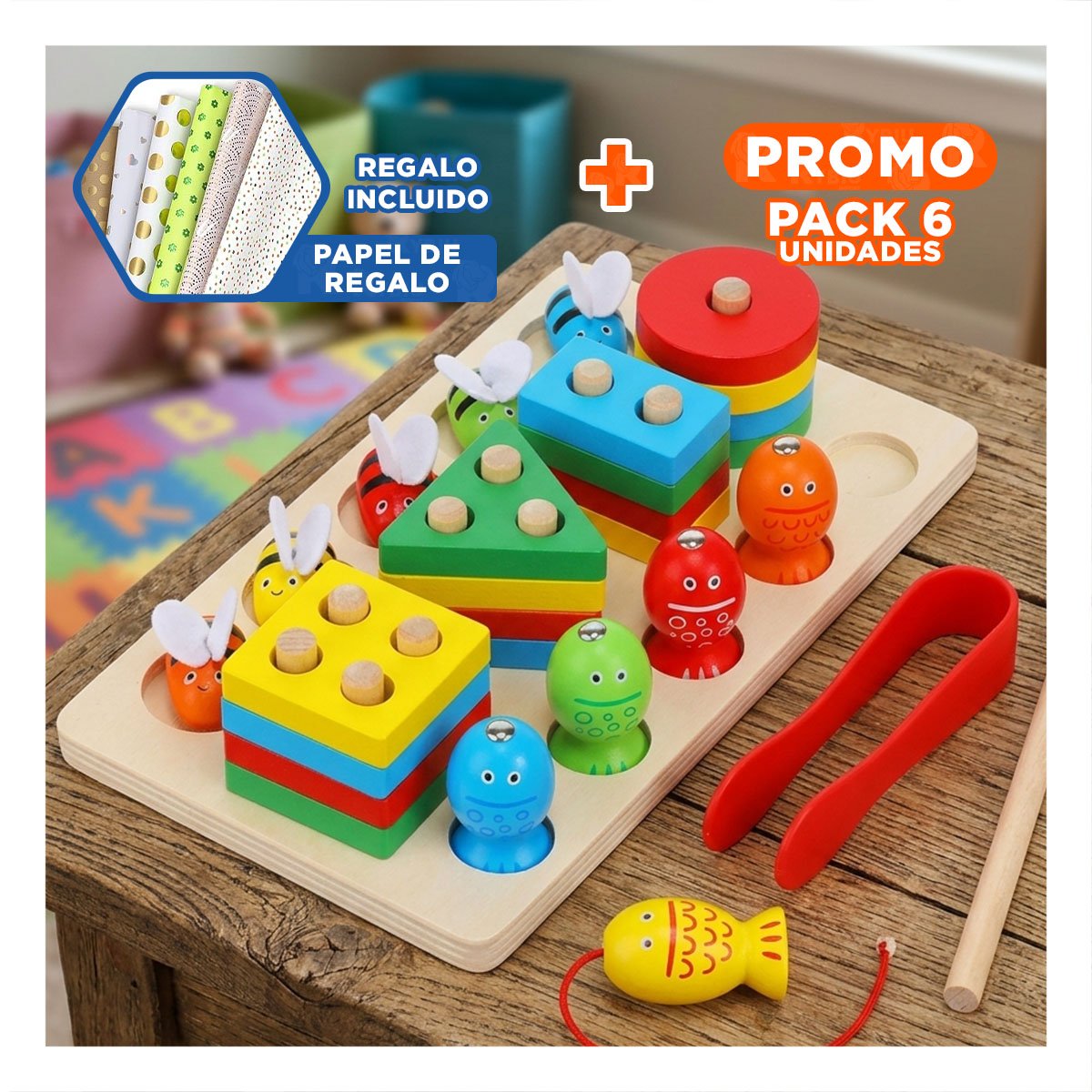 PACK6 JUEGO DE 4 FIGURAS CON 5 PECES IMANTADOS Y 5 ABEJAS PINZA MULTICOLOR YPAPEL REGALO - 1