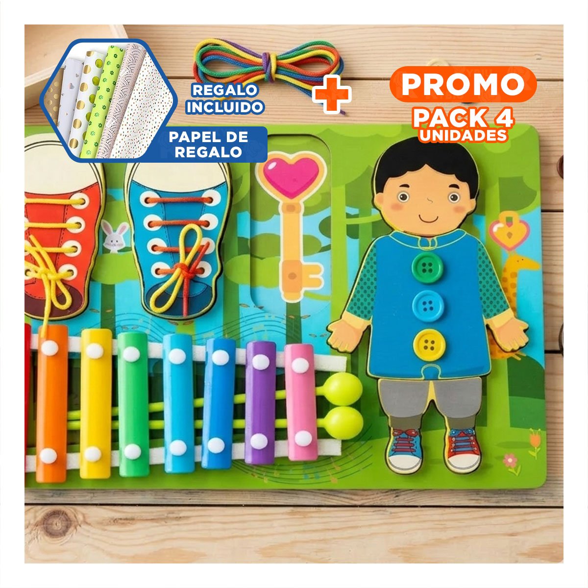 PACK4 TABLERO CREATIVO CON XILOFONO Y PASADORES COLOR MULTICOLOR INFANTIL YPAPEL REGALO - 1