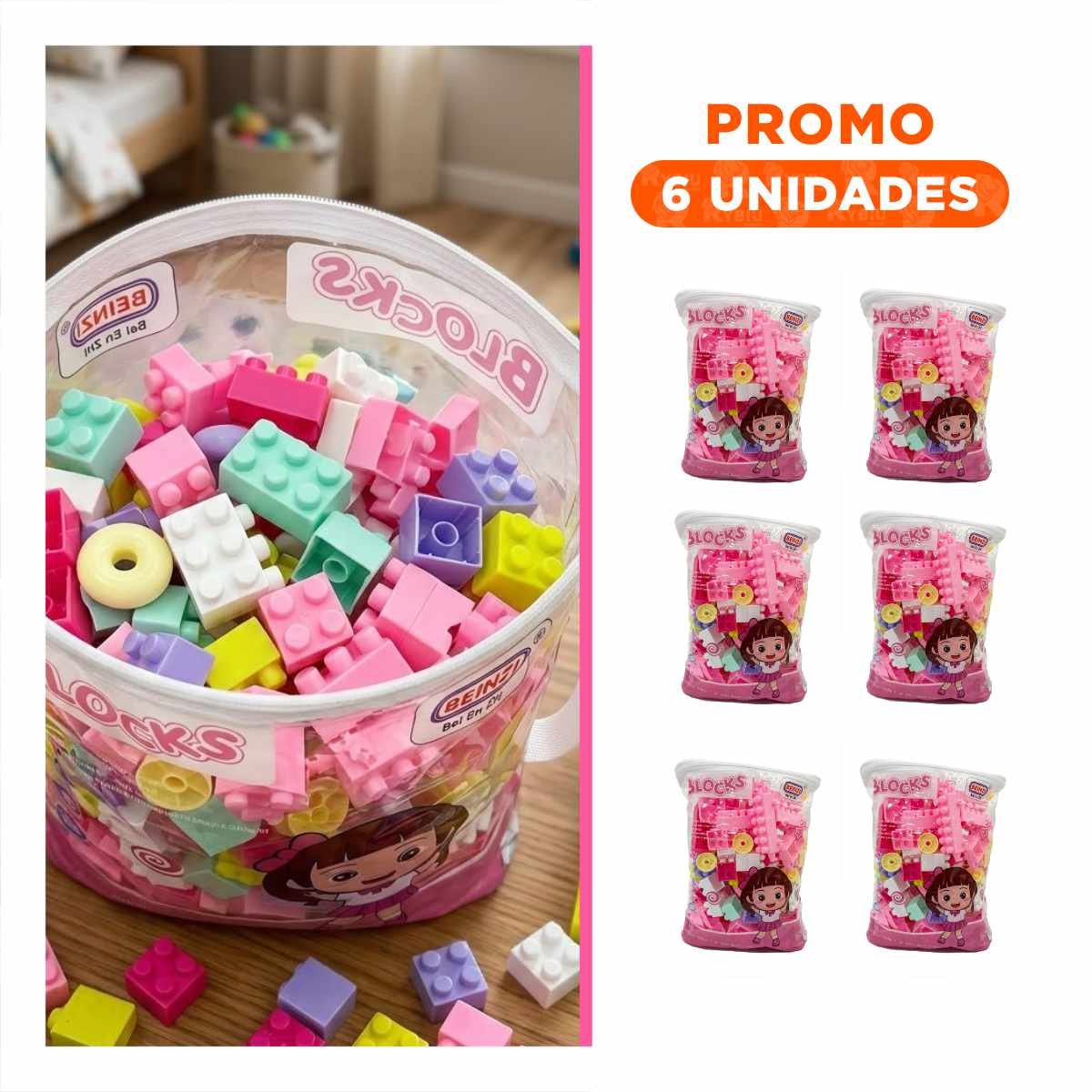 PACK6 SET INFANTIL DE BLOQUES 160 PIEZAS CON BOLSA MULTICOLOR ROSADO PARA DIVERSION - 1