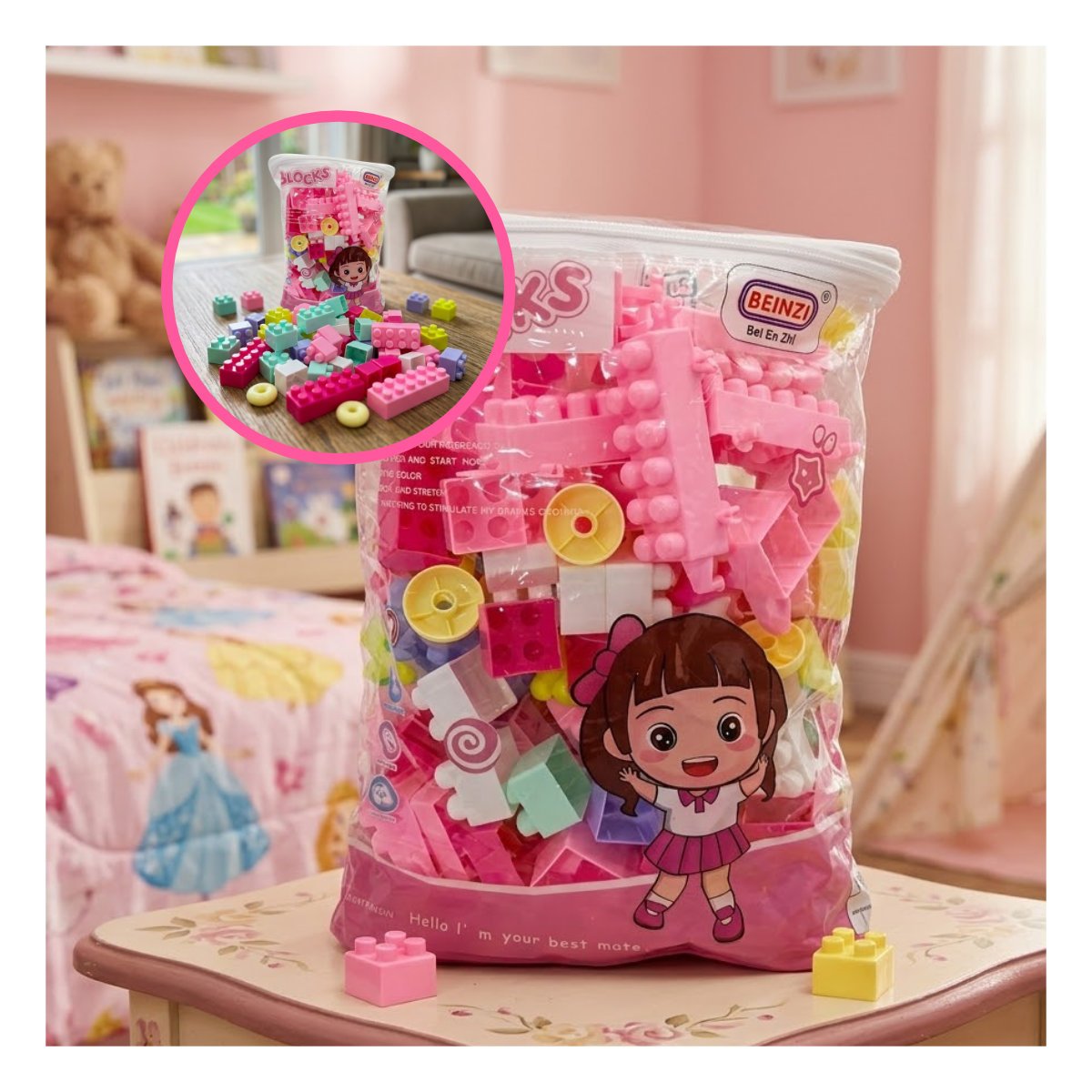 JUEGO DE BLOQUES PARA CREAR ESTRUCTURAS 160 PIEZAS CON BOLSA MULTICOLOR ROSADO Y PAPEL REGALO - 5