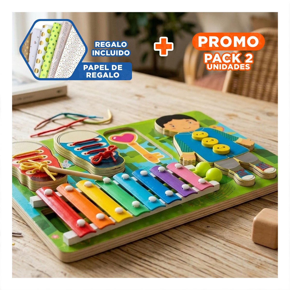 PACK2 TABLERO DE JUEGO CON PASADORES Y XILOFONO COLOR MULTICOLOR DIDACTICO YPAPEL REGALO - 1