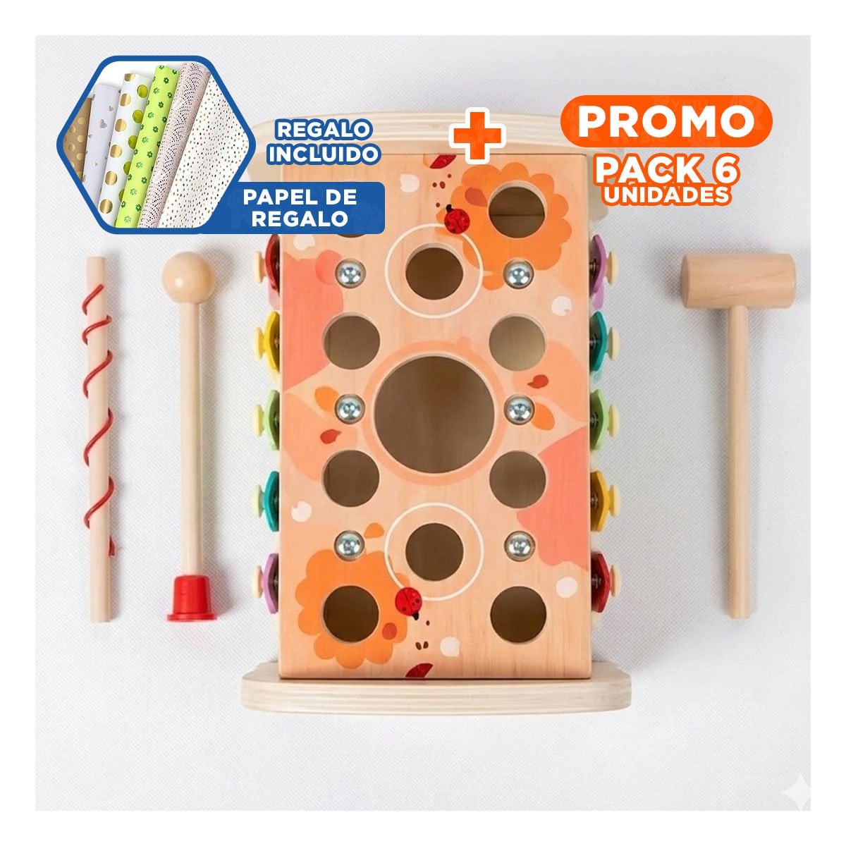 PACK6 JUEGO DE ENGRANAJE MARTILLO XILOFONO Y PESCA 4 EN 1 COLOR MULTICOLOR YPAPEL REGALO - 1