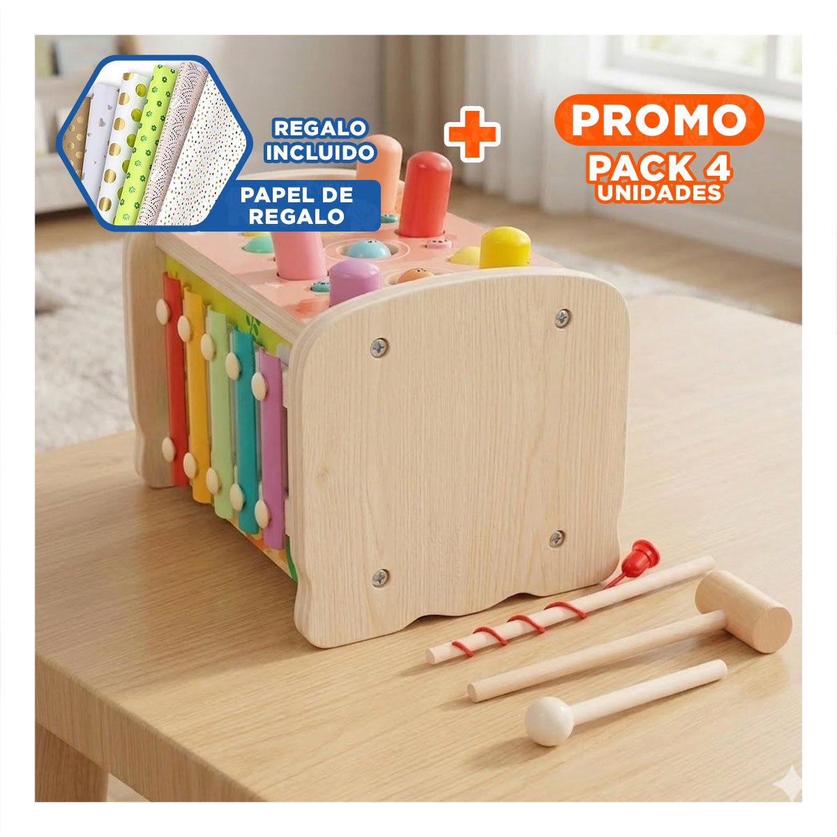 PACK4 ACTIVIDAD 4 EN 1 CON ENGRANAJE MARTILLO XILOFONO Y PESCA MULTICOLOR YPAPEL REGALO - 1