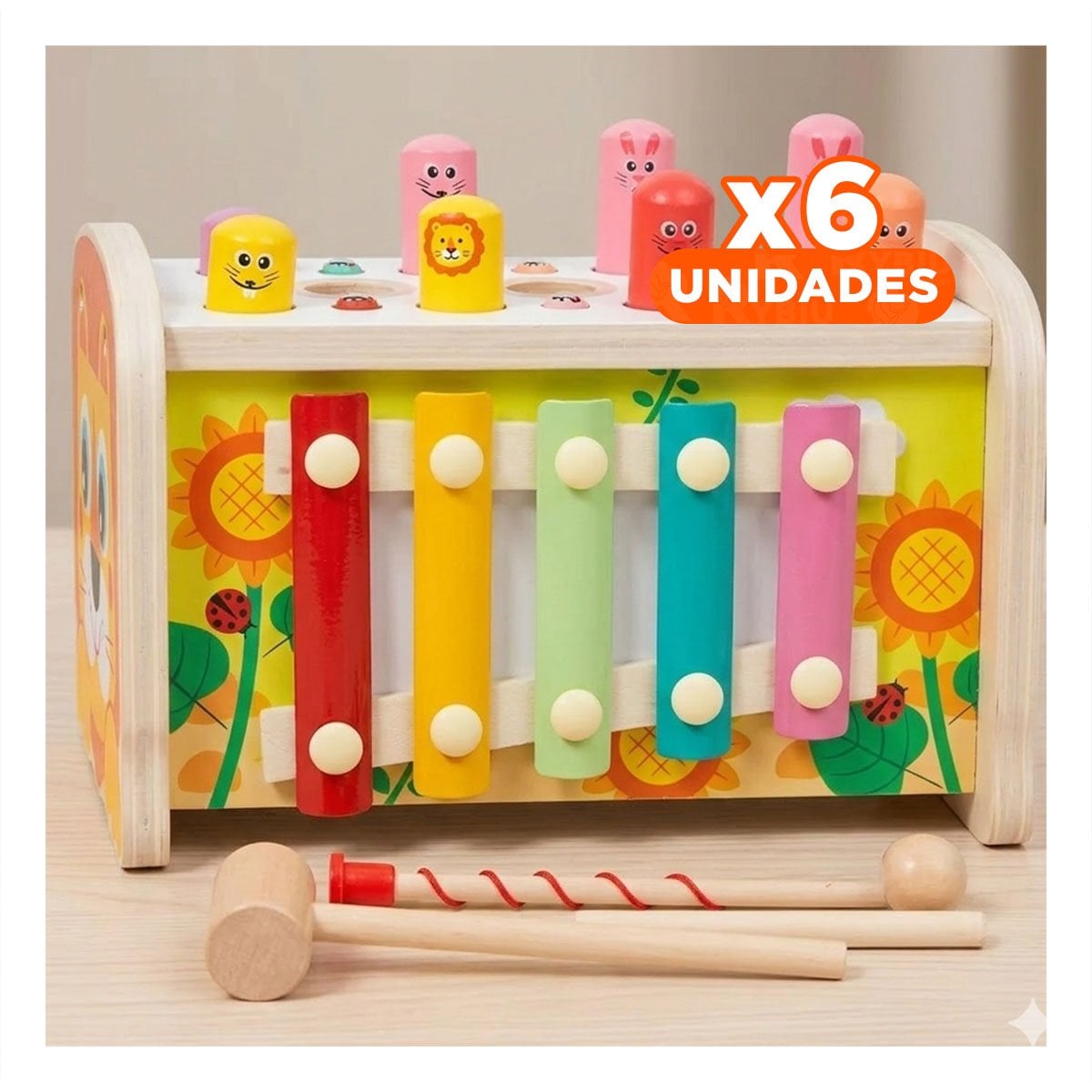 PACK6 JUEGO MULTICOLOR DIDACTICO CON MARTILLO ENGRANAJE XILOFONO Y PESCA YREGALO STICKER - 1