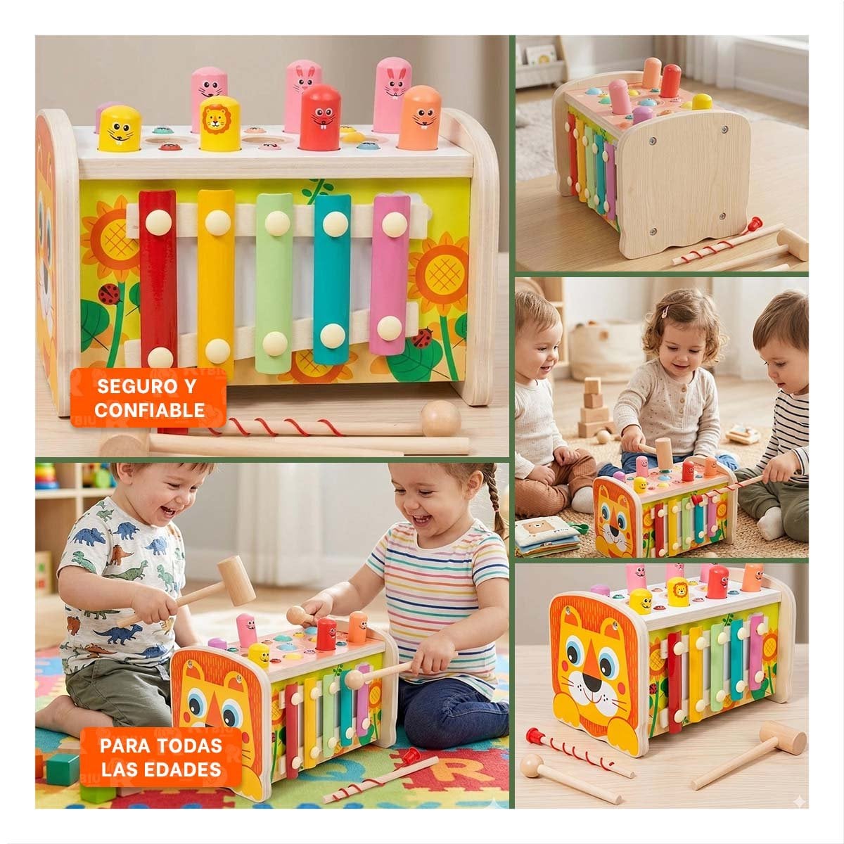 PACK4 ACTIVIDAD INFANTIL MULTICOLOR DE MARTILLO ENGRANAJE PESCA Y XILOFONO YREGALO STICKER - 2