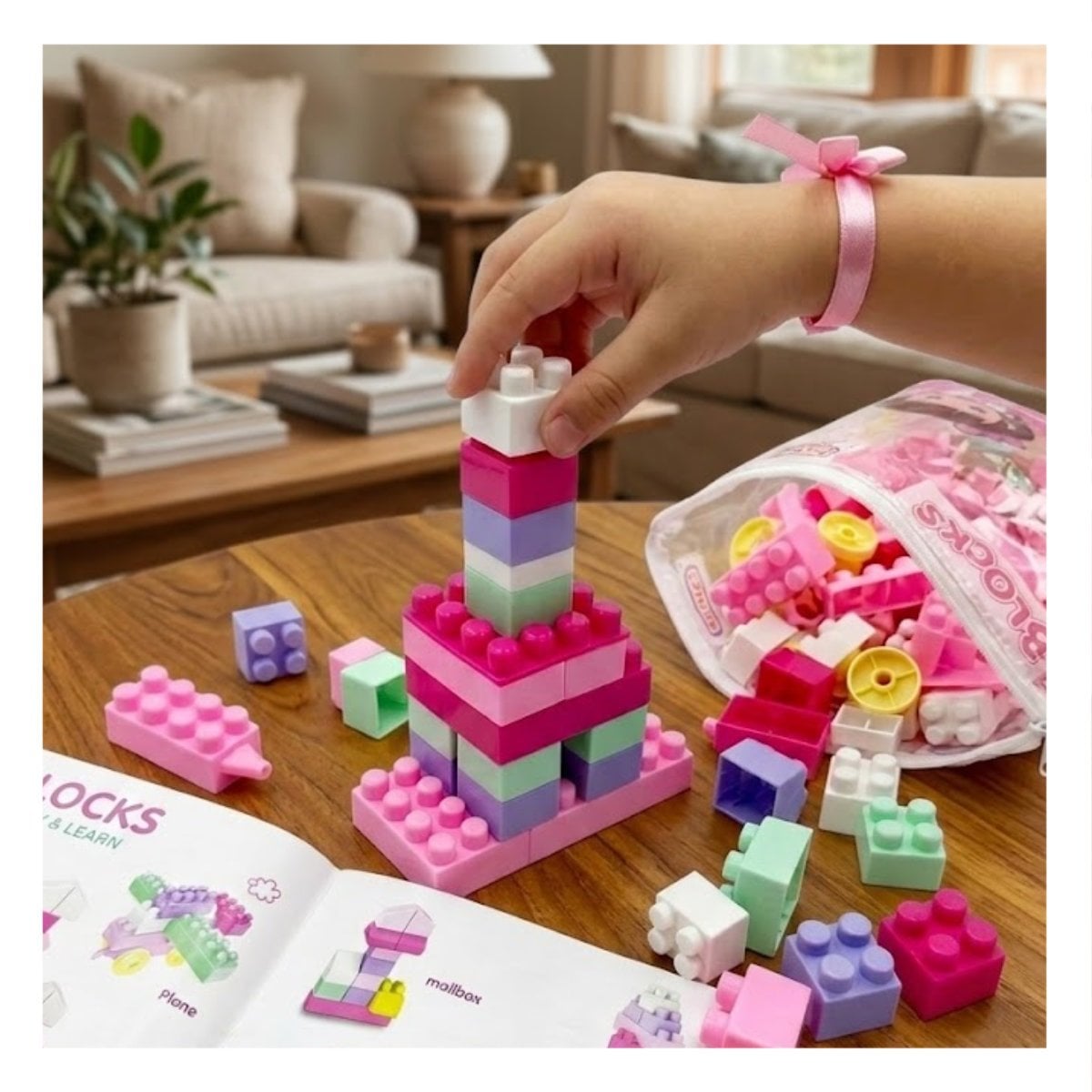 KIT DE ENSAMBLE CREATIVO 160 PIEZAS CON BOLSA MULTICOLOR ROSADO PARA NINOS Y REGALO STICKER - 2