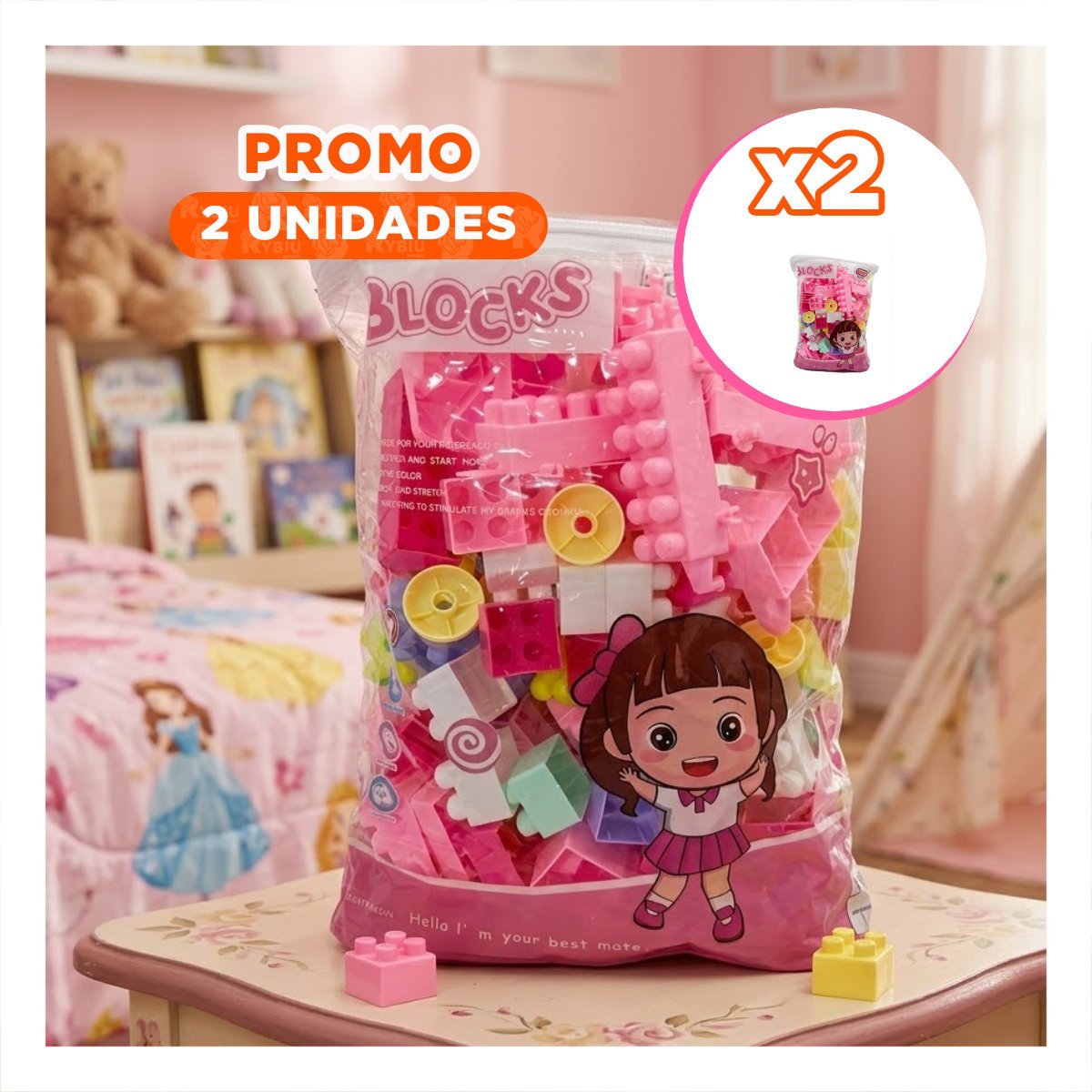 PACK2 SET DE PIEZAS DE CONSTRUCCION 160 PIEZAS CON BOLSA ROSADO INFANTIL YREGALO STICKER - 1
