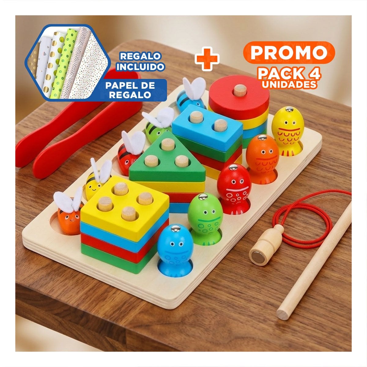 PACK4 BASE DE 5 ABEJAS PINZA CON 4 FIGURAS Y 5 PECES IMANTADOS MULTICOLOR YPAPEL REGALO - 1