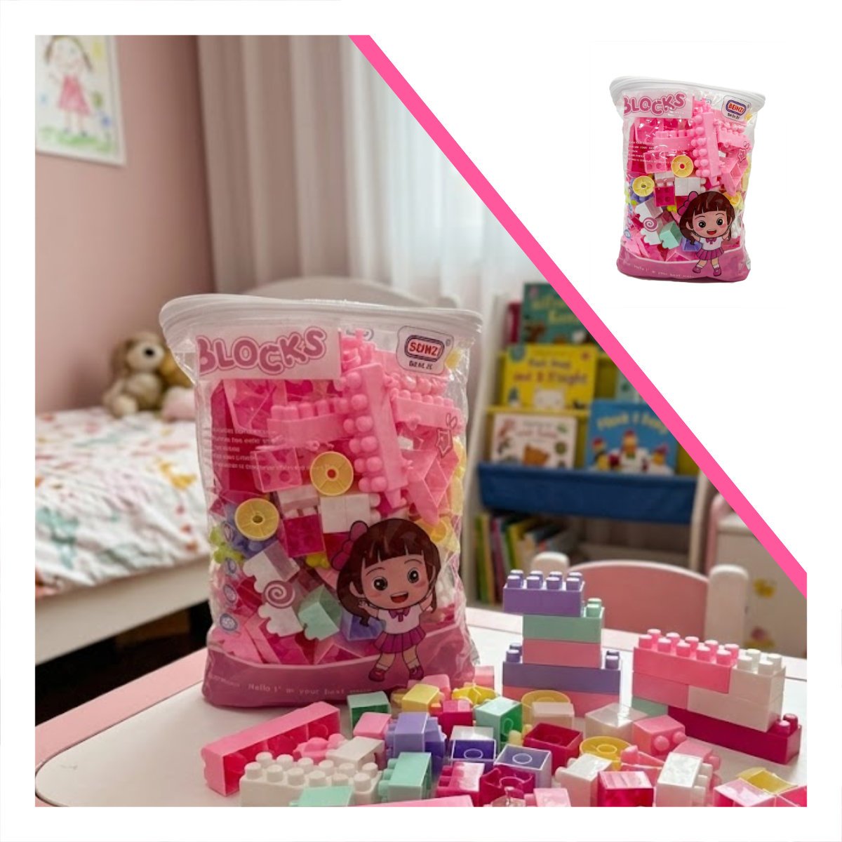 PACK6 JUEGO DE CONSTRUCCION 160 PIEZAS CON BOLSA MULTICOLOR ROSADO INFANTIL YREGALO STICKER - 2