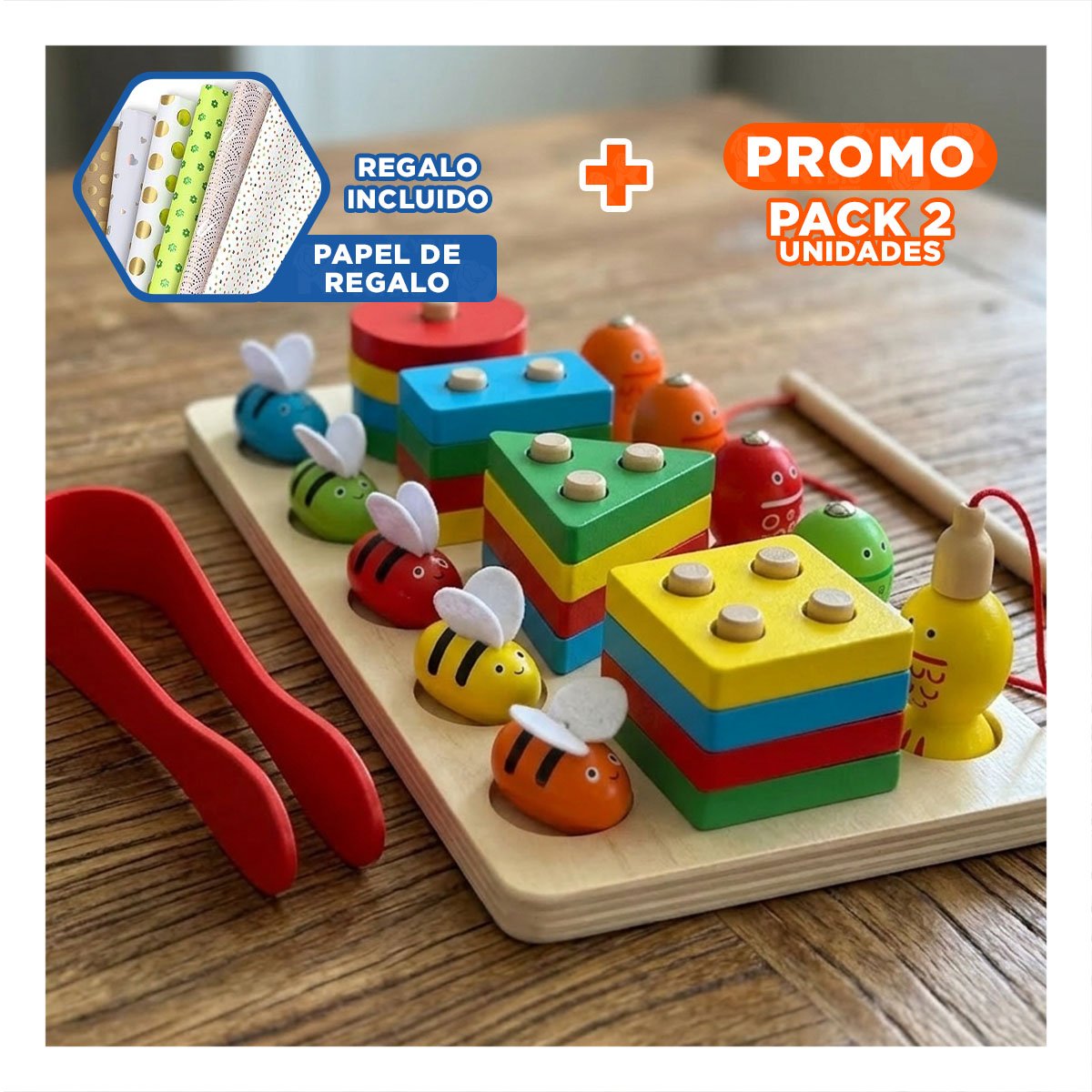 PACK2 ENCAJE EDUCATIVO 4 FIGURAS 5 PECES IMANTADOS Y 5 ABEJAS PINZA MULTICOLOR YPAPEL REGALO - 1