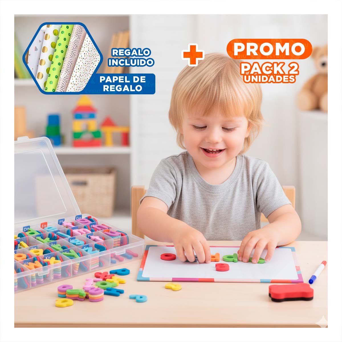 PACK2 PANEL CON PIEZAS MAGNETICAS DE LETRAS Y NUMEROS 253 PZS MULTICOLOR Y+PAPEL REGALO - 1