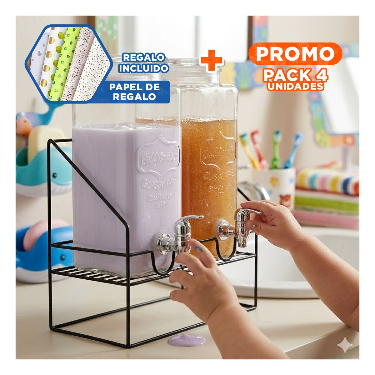 PACK4 CONTENEDOR DOBLE TRANSPARENTE 2,2L BEBIDA PARA FIESTA Y REUNIONES YPAPEL REGALO - 1