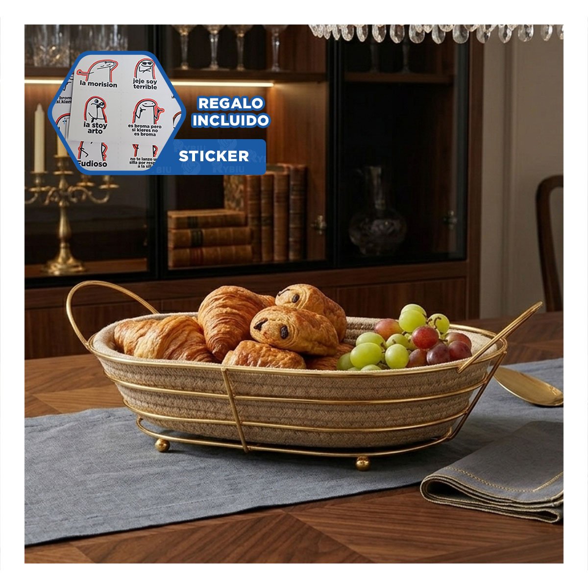 CESTA OVALADA DORADO CON MIMBRE Y METAL ORGANIZADOR COCINA YREGALO STICKER - 1