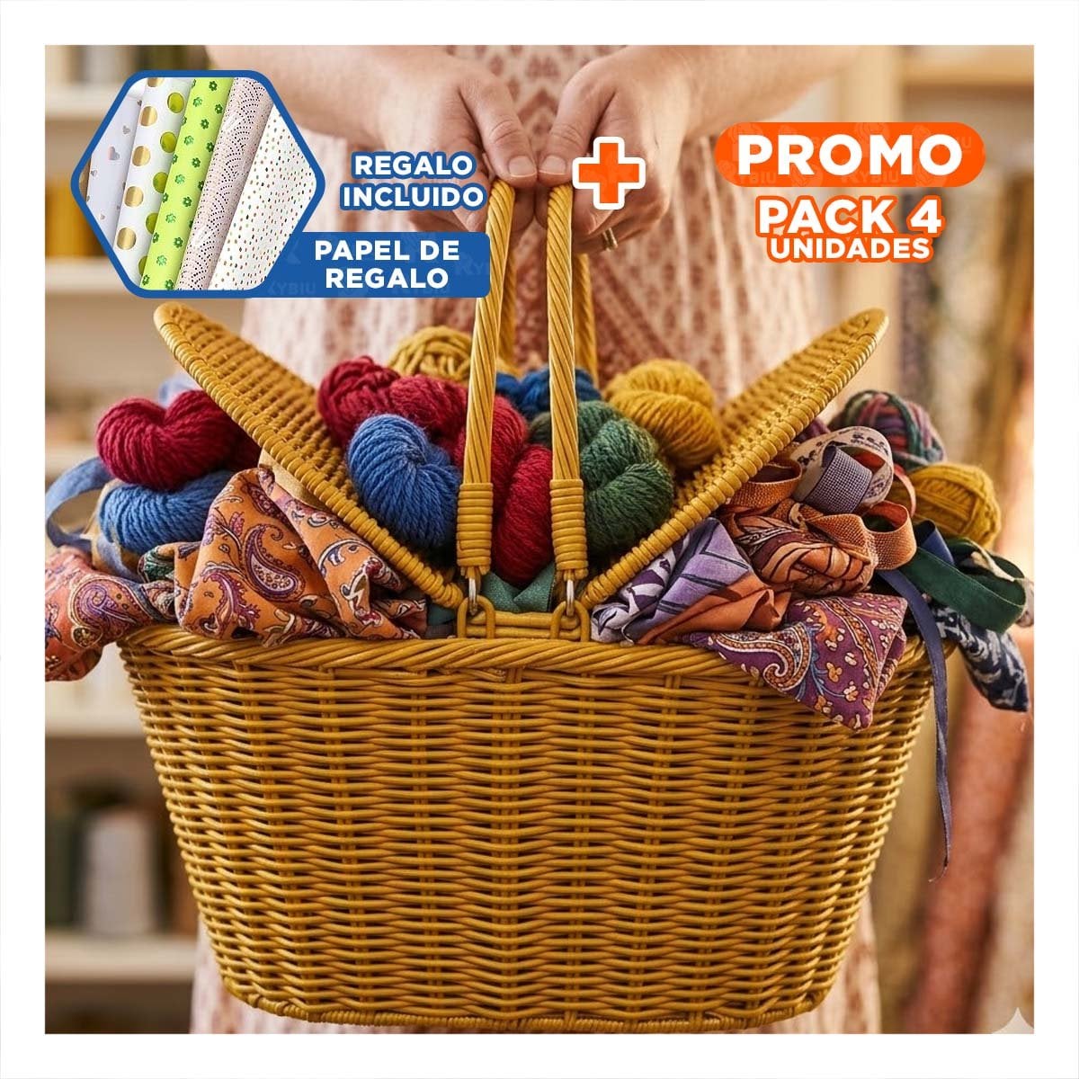 PACK4 CANASTA TEJIDA MOSTAZA DOBLE ASAS TAPAS 42X26X17CM ORGANIZADOR HOGAR YPAPEL REGALO - 1