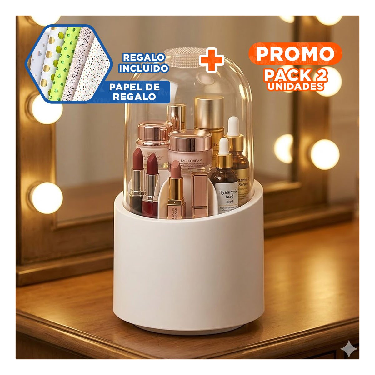 PACK2 PORTA COSMETICOS GIRATORIO BLANCO DE MAQUILLAJE Y SKINCARE DIARIO YPAPEL REGALO - 1