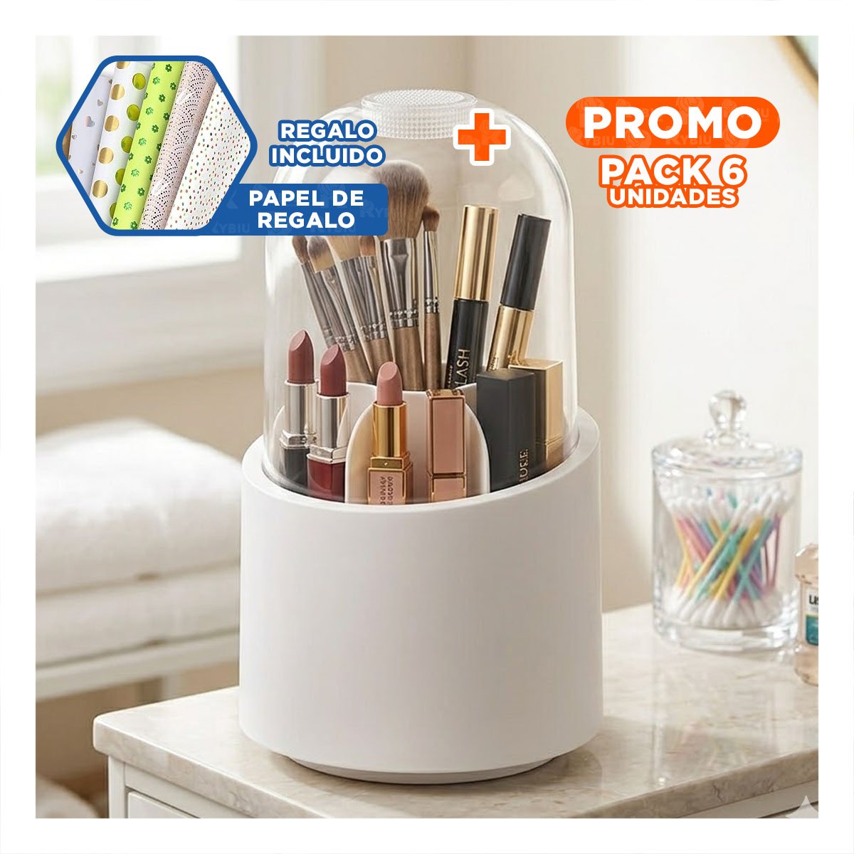 PACK6 TORRE GIRATORIA BLANCA PARA MAQUILLAJE EN TOCADOR DIARIO YPAPEL REGALO - 1