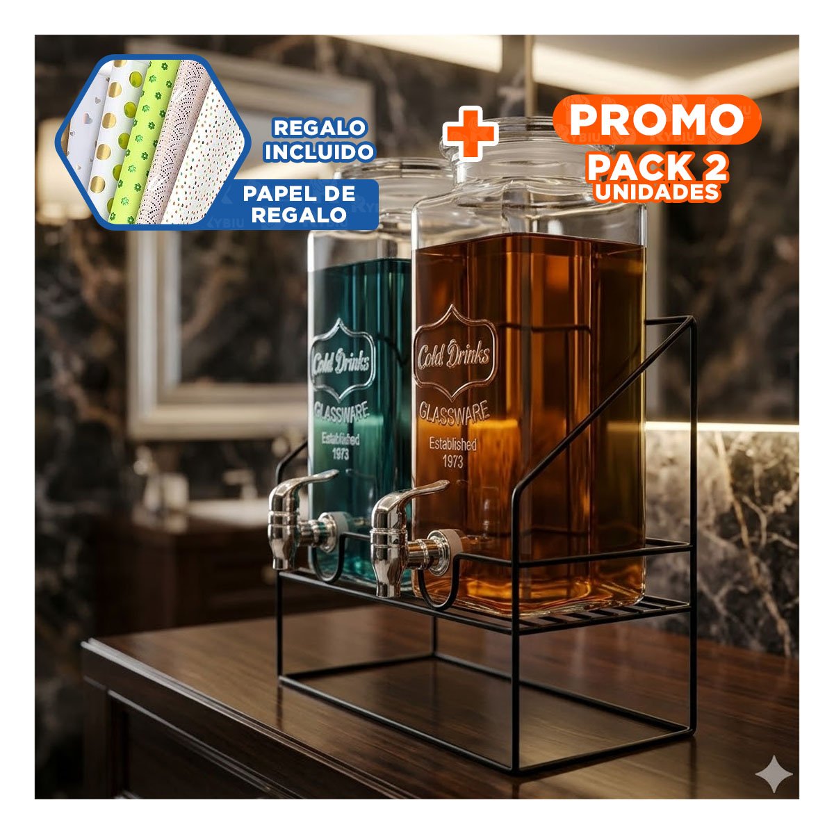 PACK2 JARRA DOBLE BEBIDA 2,2L TRANSPARENTE PARA EVENTOS Y USO DIARIO YPAPEL REGALO - 1
