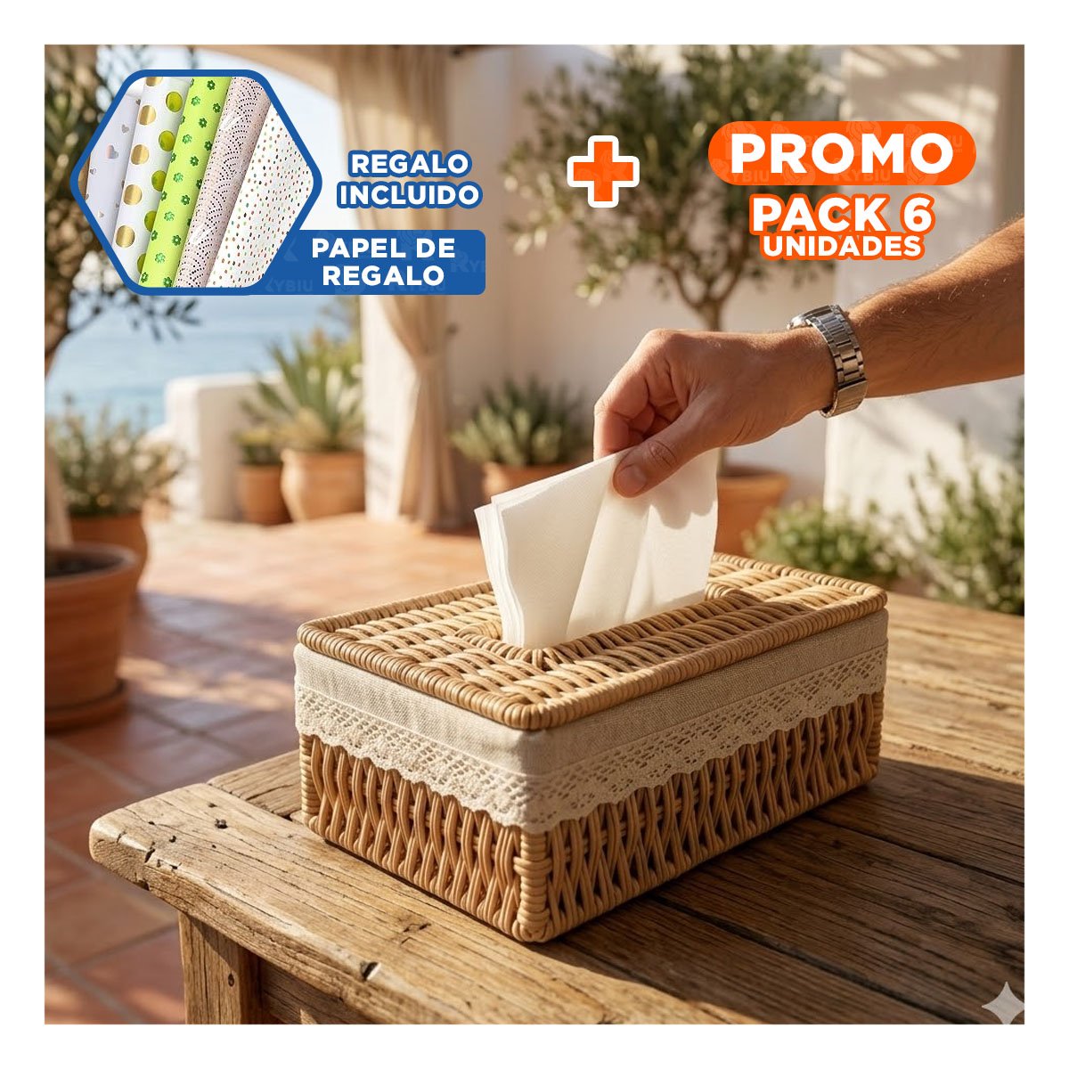 PACK6 SOPORTE SERVILLETAS CANASTA TEJIDA BEIGE FORRO TELA 20X14X9CM YPAPEL REGALO - 1