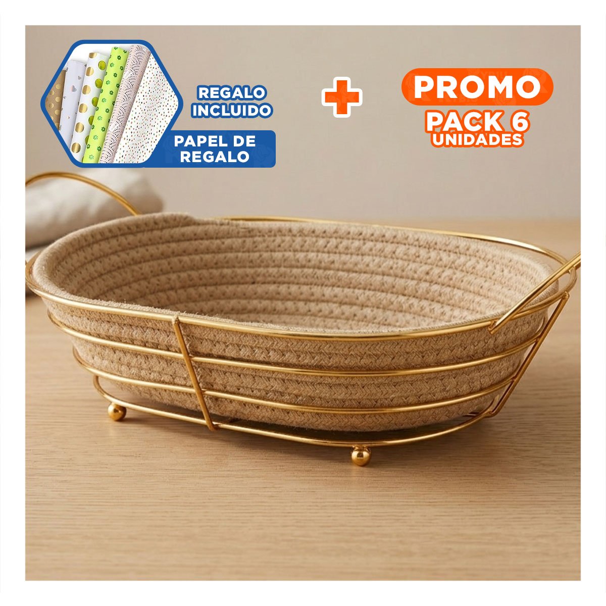 PACK6 CESTA OVALADA CON METAL DORADO Y MIMBRE FRUTERO COCINA YPAPEL REGALO - 1