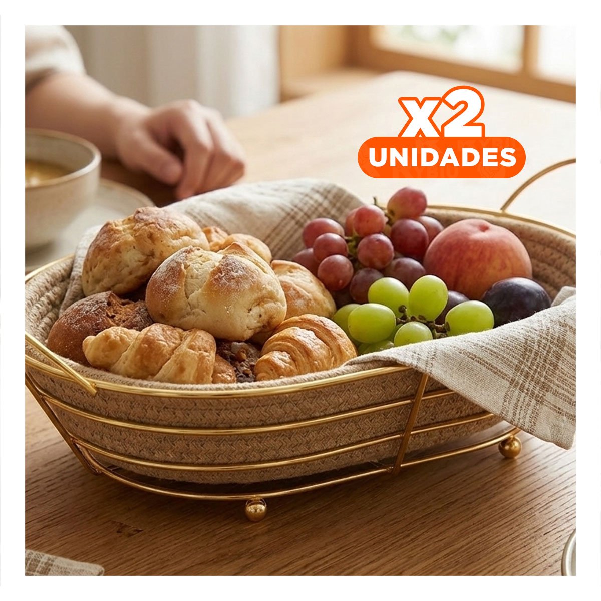PACK2 CESTA OVALADA METAL DORADO CON MIMBRE FRUTERO DE COCINA YREGALO STICKER - 1