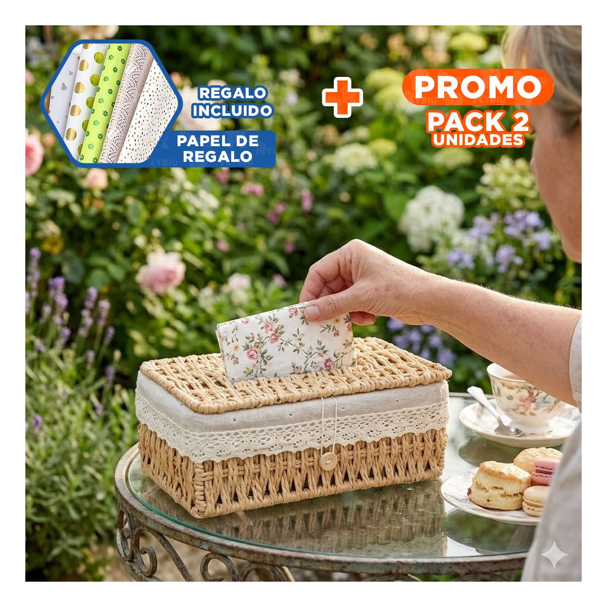 PACK2 DISPENSADOR SERVILLETAS TEJIDO BEIGE CON FORRO TELA 20X14X9CM YPAPEL REGALO - 1