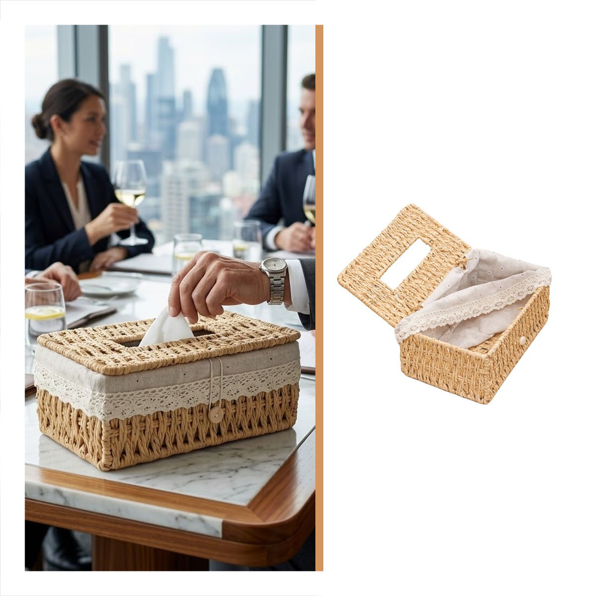 DISPENSADOR SERVILLETAS CANASTA TEJIDA CON FORRO TELA BEIGE 20X14X9CM - 3