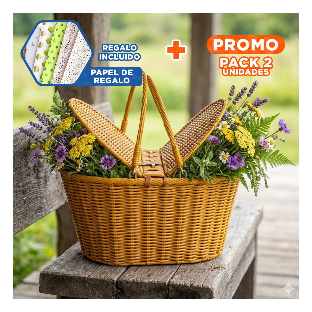 PACK2 CANASTILLA TEJIDA CON TAPAS Y DOBLE ASAS MOSTAZA 42X26X17CM ORGANIZADOR YPAPEL REGALO - 1