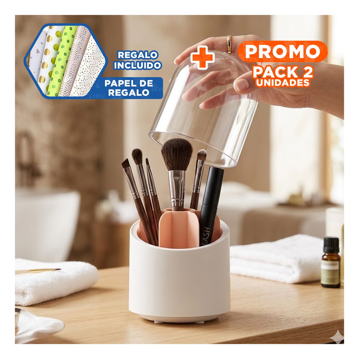 PACK2 SOPORTE GIRATORIO ROSADO PARA ORGANIZAR COSMETICOS DE BELLEZA YPAPEL REGALO - 1