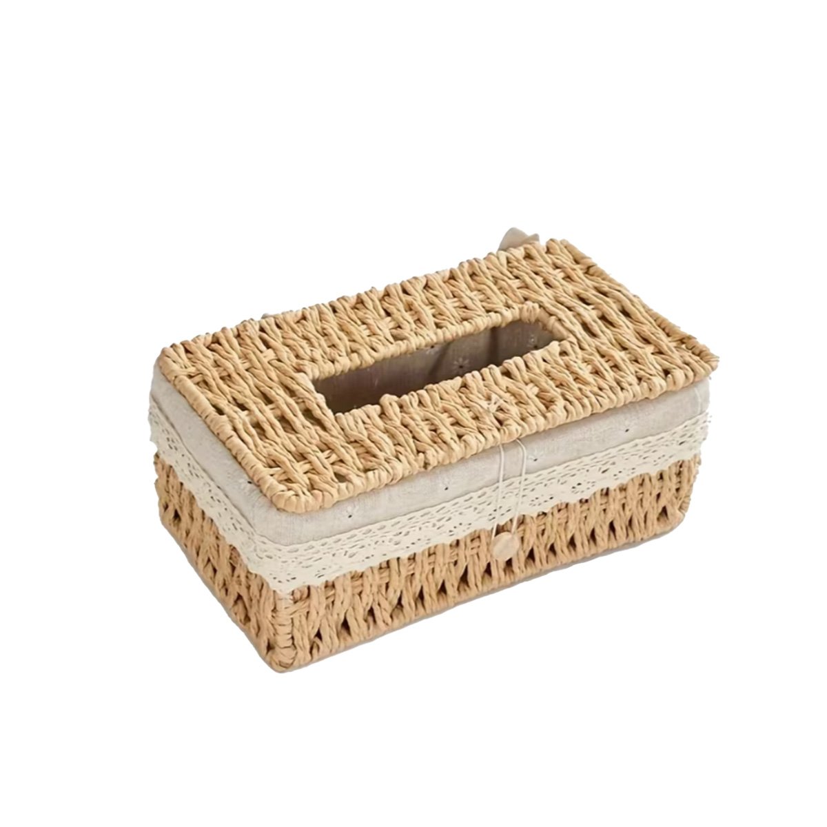 SOPORTE SERVILLETAS CANASTA TEJIDA CON FORRO TELA BEIGE 20X14X9CM MESA YPAPEL REGALO - 1