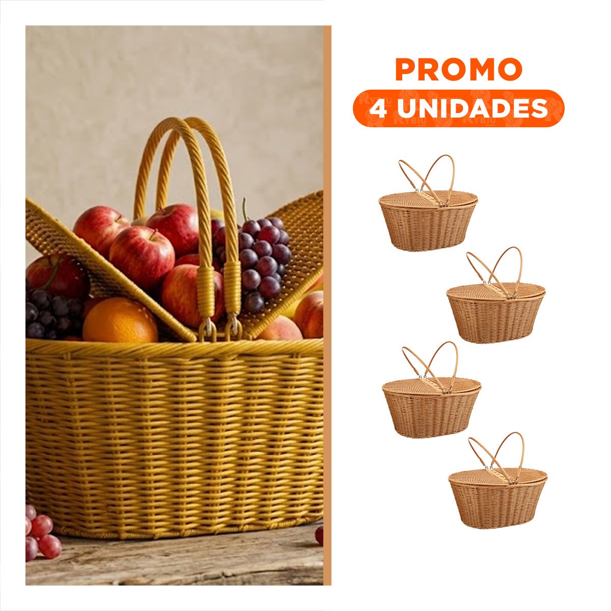 PACK4 CESTA TEJIDA MOSTAZA DOBLE ASAS TAPAS 42X26X17CM ALMACEN ROPA YREGALO STICKER - 1