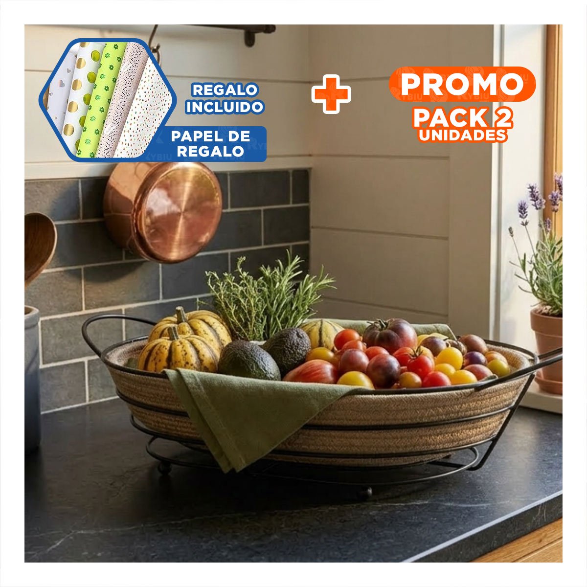 PACK2 CANASTA OVALADA NEGRO CON MIMBRE Y METAL FRUTERO DE COCINA YPAPEL REGALO - 1