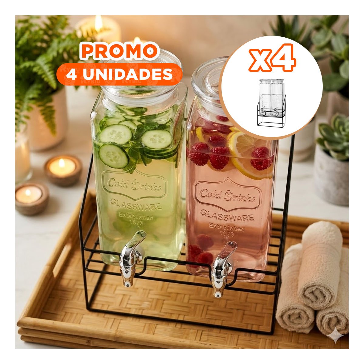PACK4 DISPENSADOR DOBLE TRANSPARENTE 2,2L BEBIDA PARA EVENTOS Y MESA - 1