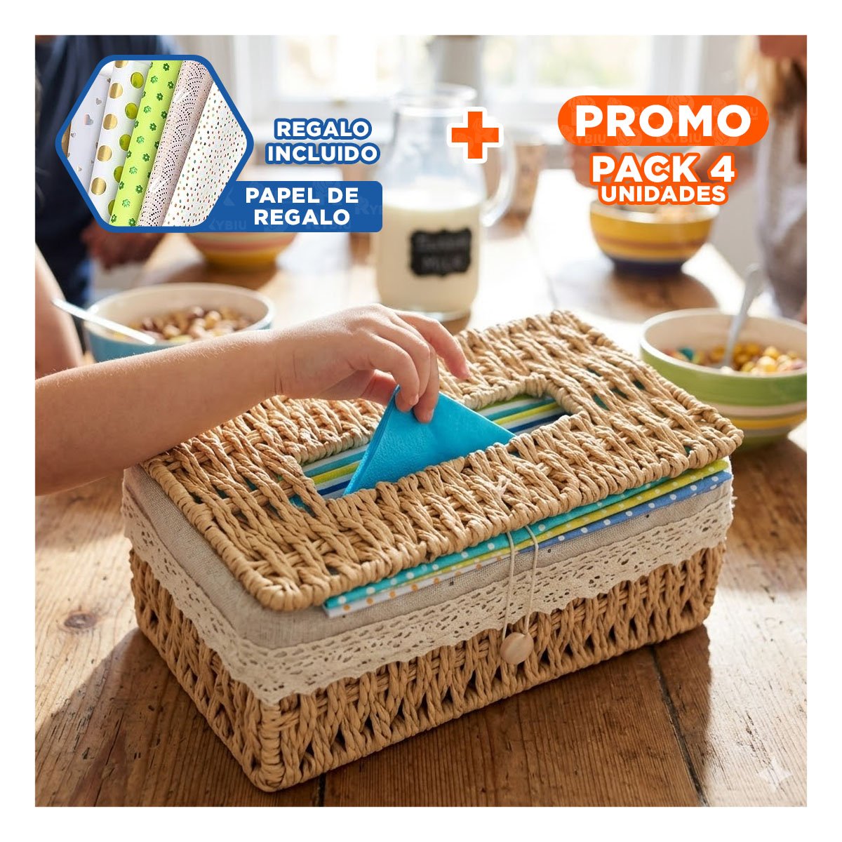 PACK4 SERVILLETERO CANASTA TEJIDA BEIGE FORRO TELA 20X14X9CM MESA YPAPEL REGALO - 1