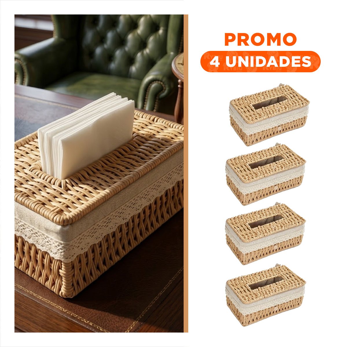 PACK4 PORTA SERVILLETAS CANASTA TEJIDA BEIGE FORRO TELA 20X14X9CM YREGALO STICKER - 1