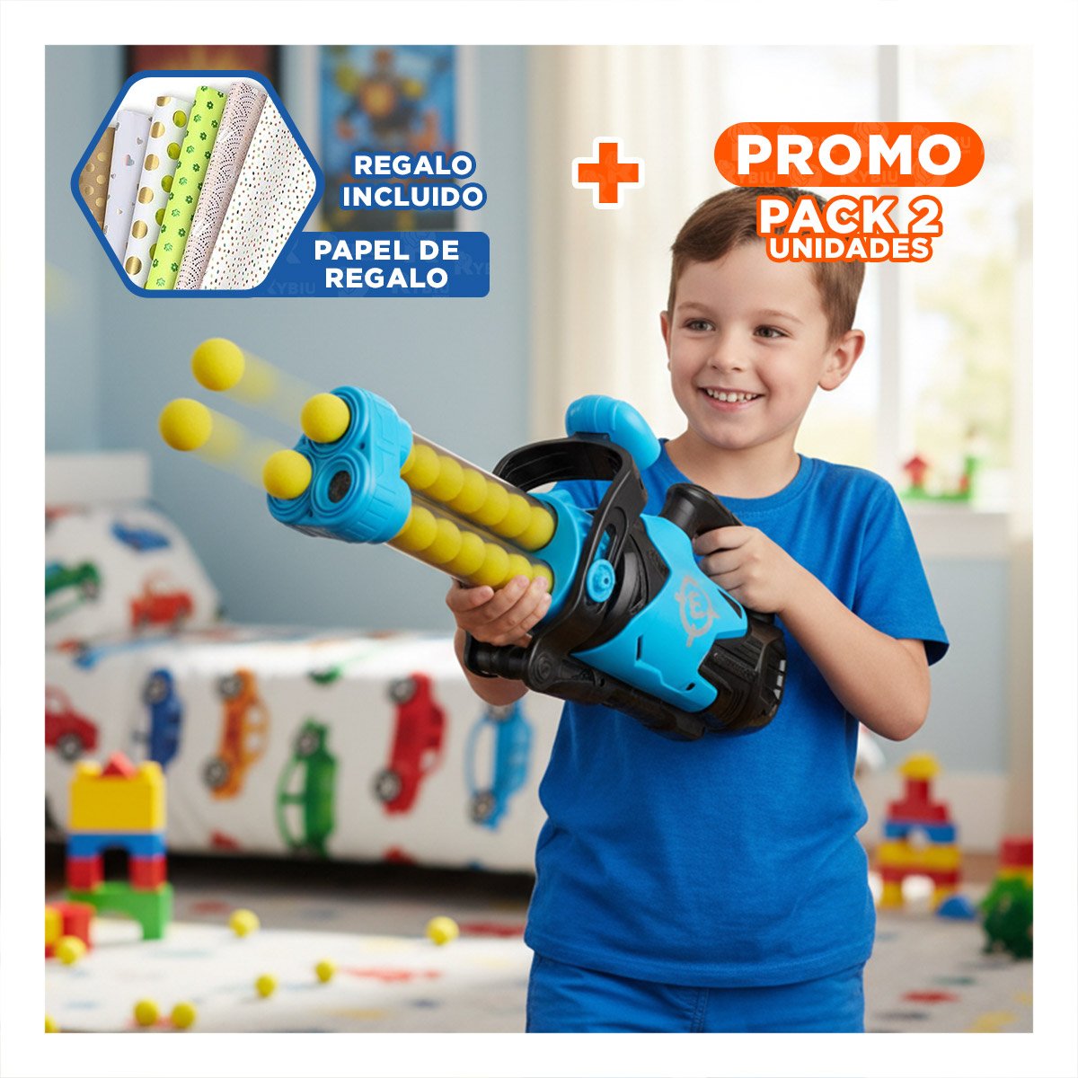 PACK2 AMETRALLADORA CON BOLAS SUAVES PARA JUEGO INTERACTIVO Y DIVERSION AZUL YPAPEL REGALO - 1