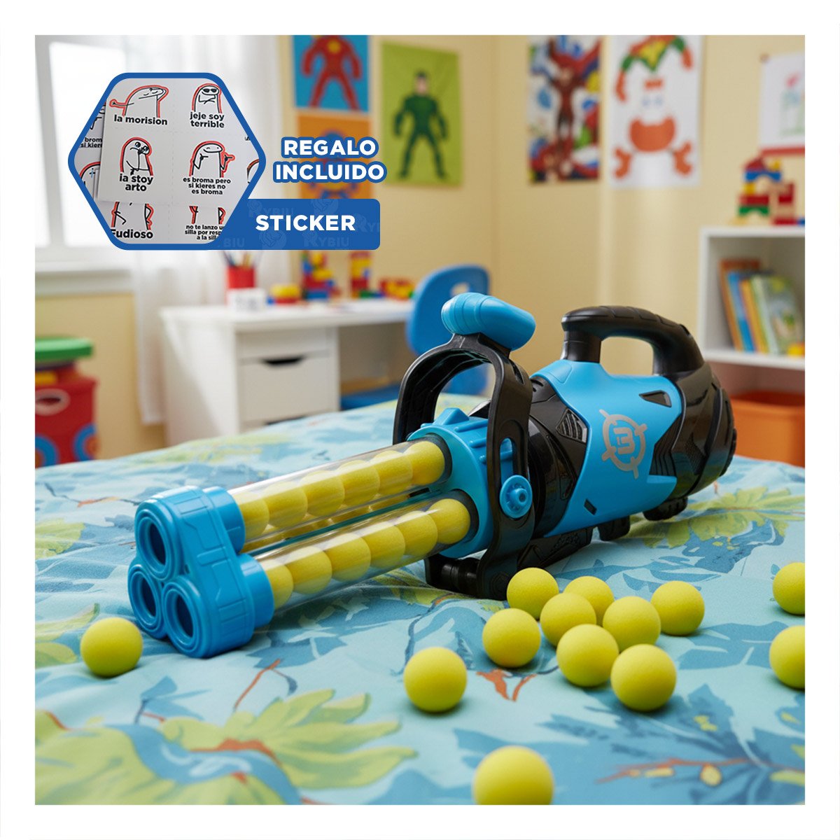 LANZADORA CON BOLAS DE ESPUMA PARA JUEGO DINAMICO Y RETOS EN CASA AZUL YREGALO STICKER - 1