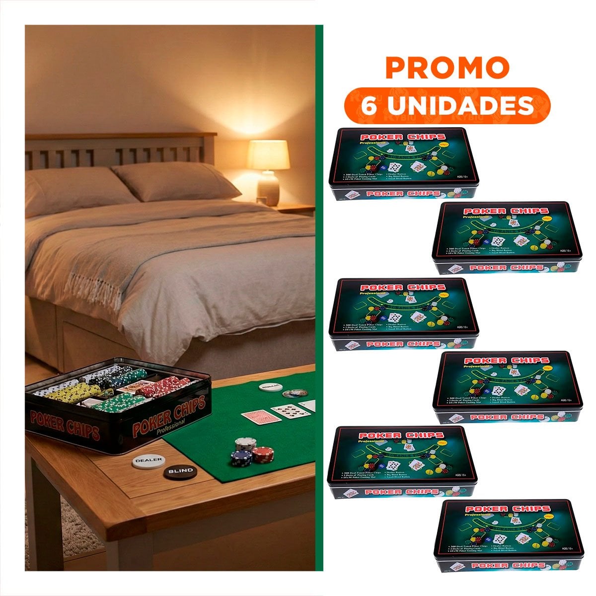 PACK6 LINEA DE FICHAS POKER NEGRO PARA DIVERSION DE MESA EN HOGAR - 1