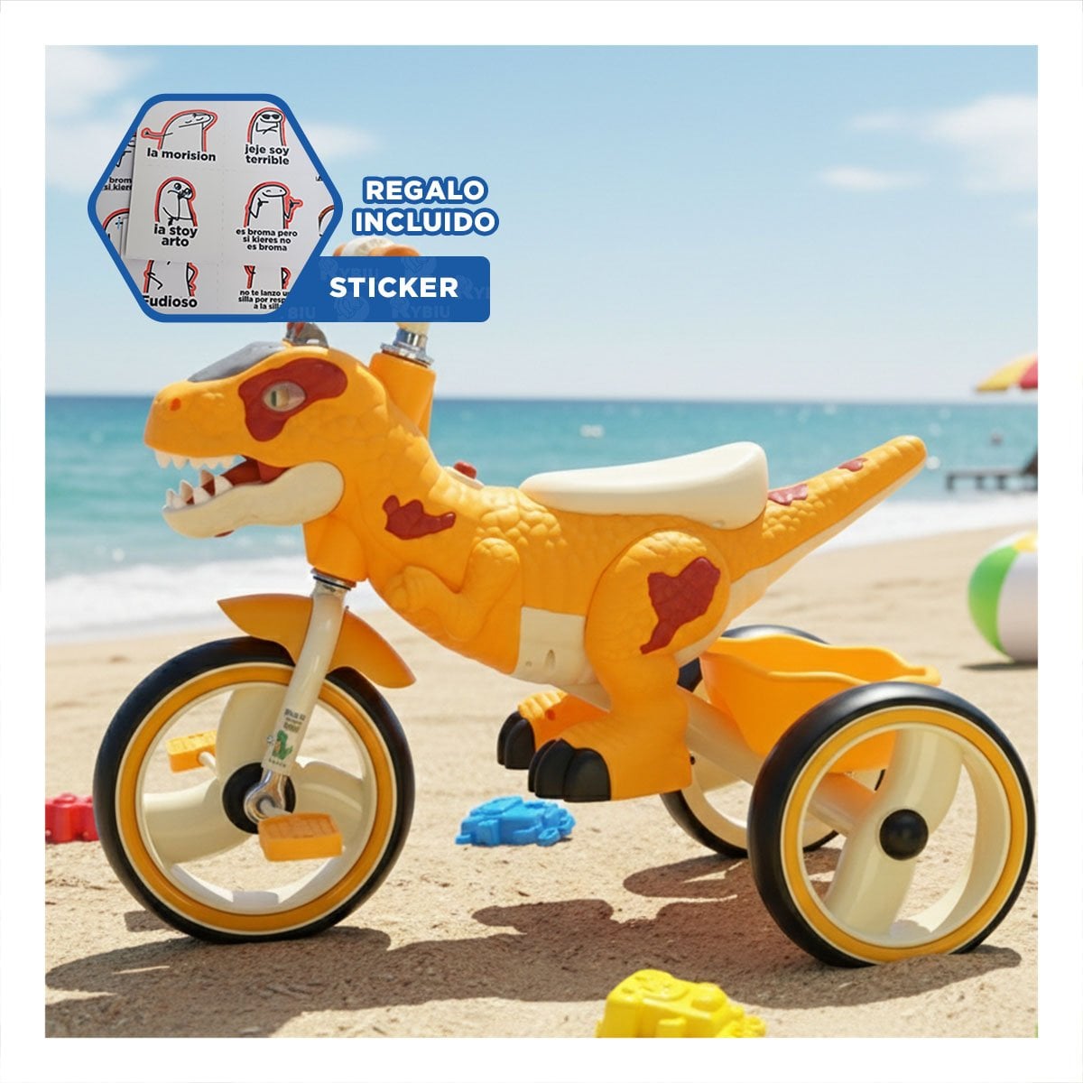 BICICLETA DE DINOSAURIO PARA USO INFANTIL EN COLOR AMARILLO 73X45X59CM YREGALO STICKER - 1