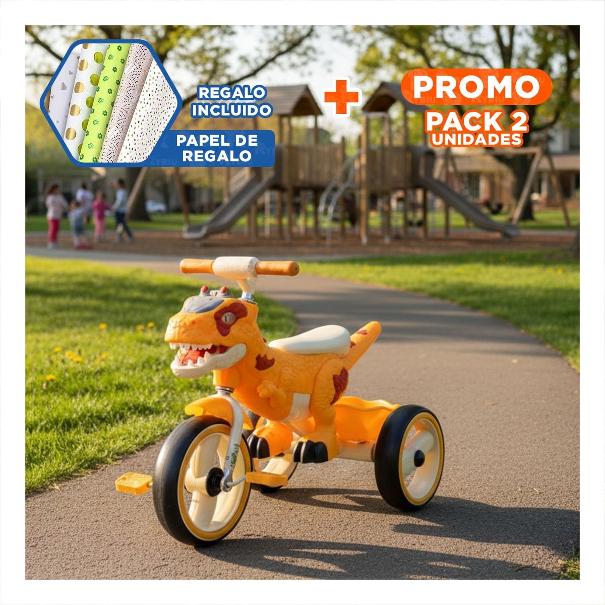 PACK2 TRANSPORTE DINOSAURIO PENSADO PARA USO RECREATIVO EN AMARILLO 73X45X59CM YPAPEL REGALO - 1