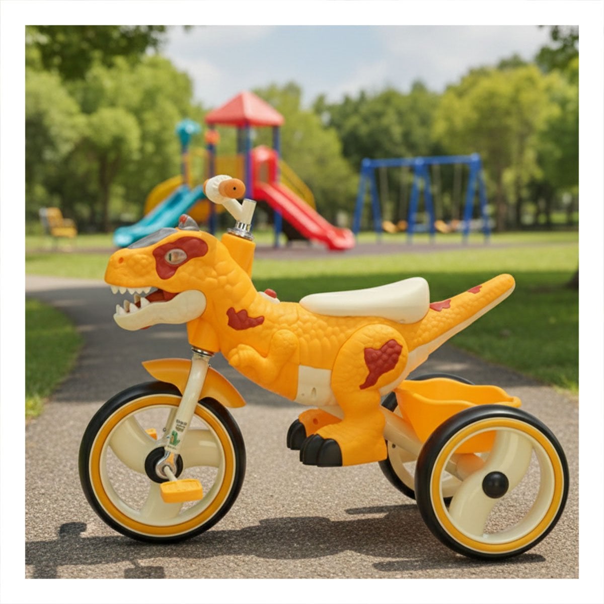 BICICLETA TRICICLO DE DINOSAURIO PARA PRIMERAS EXPERIENCIAS DE MANEJO EN AMARILLO 73X45X59CM - 1