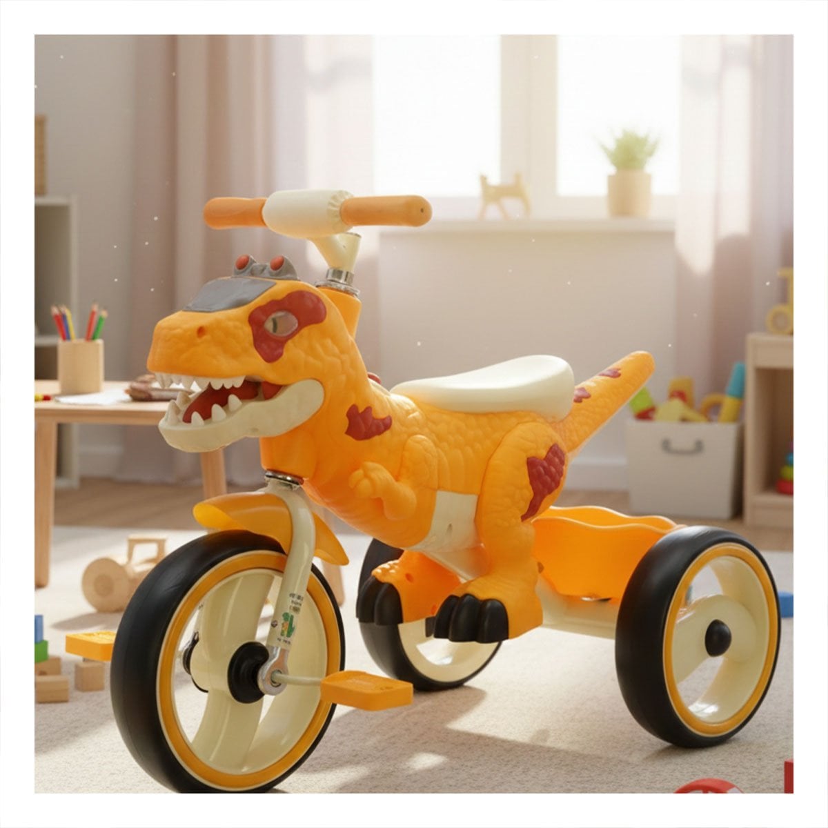 BICICLETA TRICICLO DE DINOSAURIO PARA PRIMERAS EXPERIENCIAS DE MANEJO EN AMARILLO 73X45X59CM - 2
