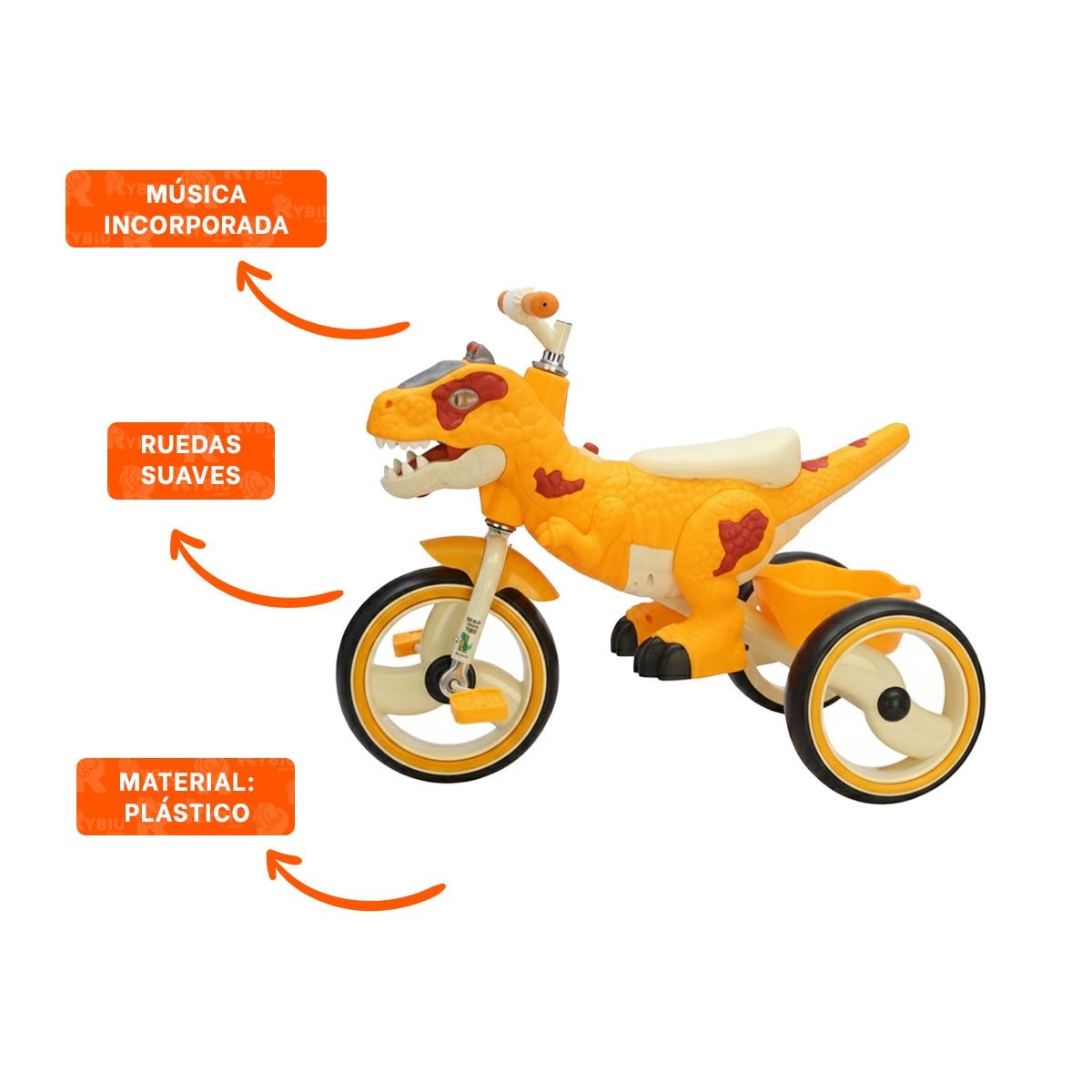 BICICLETA TRICICLO DE DINOSAURIO PARA PRIMERAS EXPERIENCIAS DE MANEJO EN AMARILLO 73X45X59CM - 3