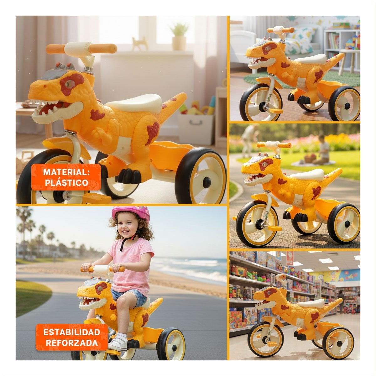 BICICLETA TRICICLO DE DINOSAURIO PARA PRIMERAS EXPERIENCIAS DE MANEJO EN AMARILLO 73X45X59CM - 5